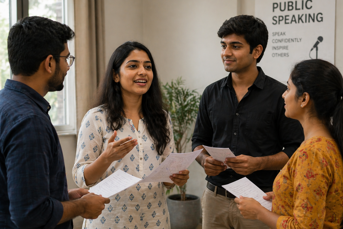 Stage fear training Kolkata — Bengali professional practising breathing technique before public speaking at LELE