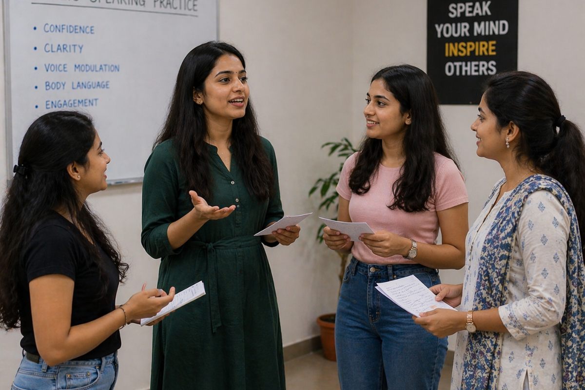 Public speaking course for college students Kolkata — Bengali students practising GD and seminar presentation at LELE
